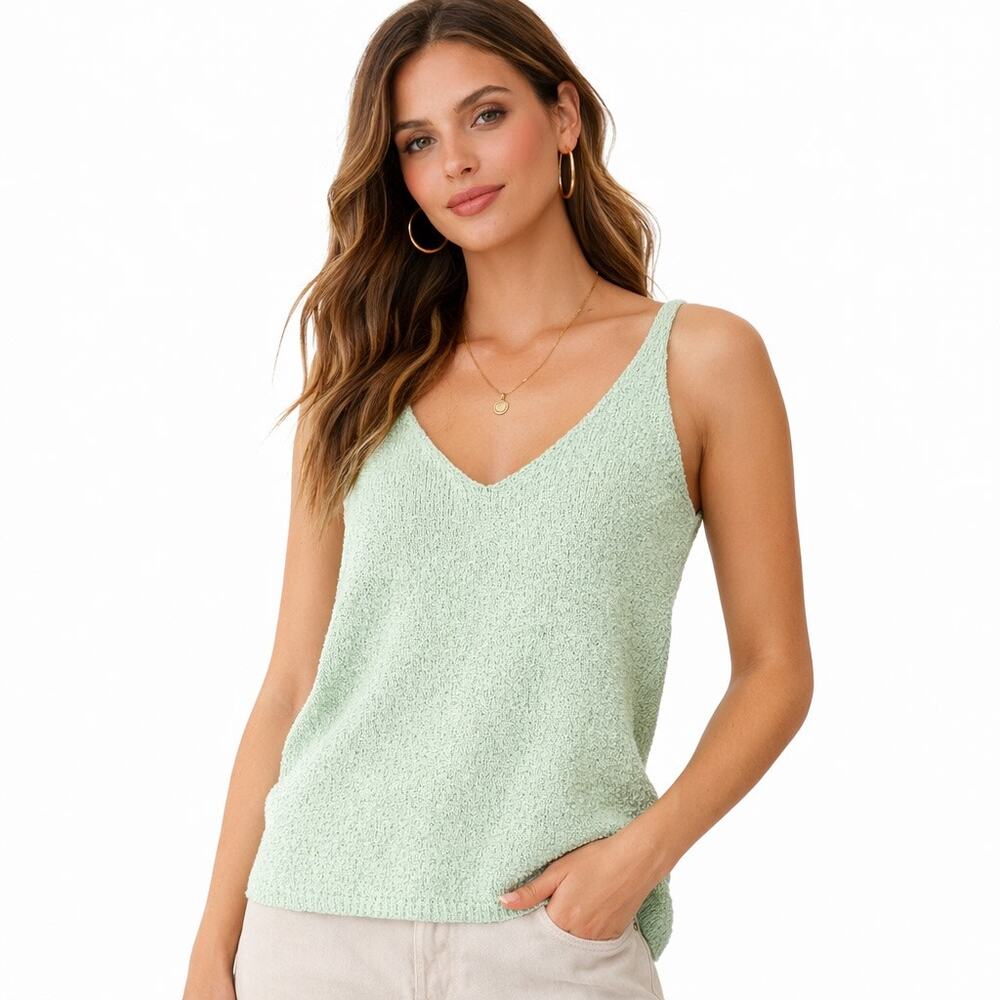 Mint Pastel Green Textured Knit Tank Top V Neck Soft Bouclé Minimalist Aesthetic